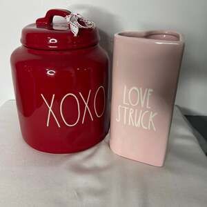 Rae Dunn XOXO Red Canister & Love Struck Pink Heart Vase Valentine’s Decor Set